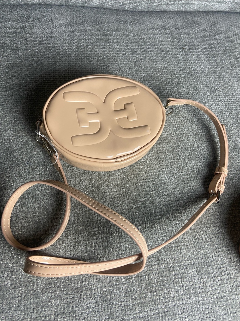 Sam Edelman Nude Patent Round Crossbody Bag with Embossed Logo